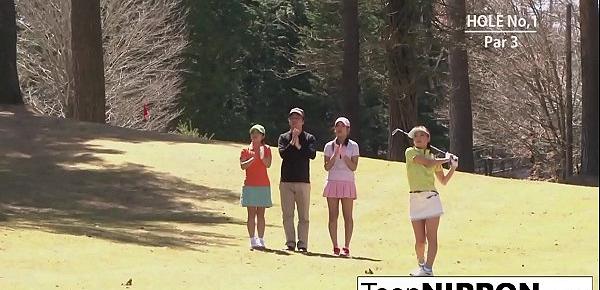  Cute Asian teen girls play a game of strip golf